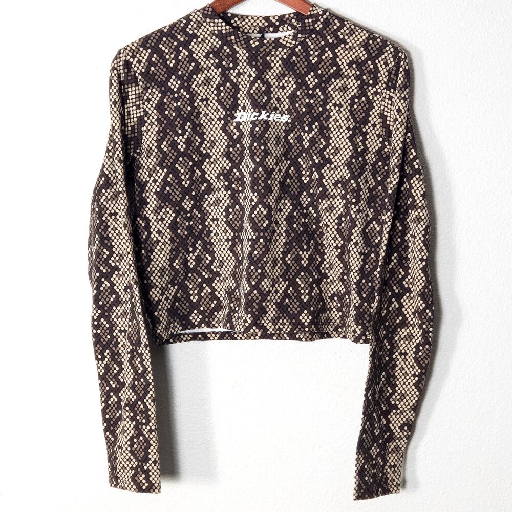 Dickies Cropped Long Sleeve Top XL Brown Snake Print Y2K Grunge Clubwear